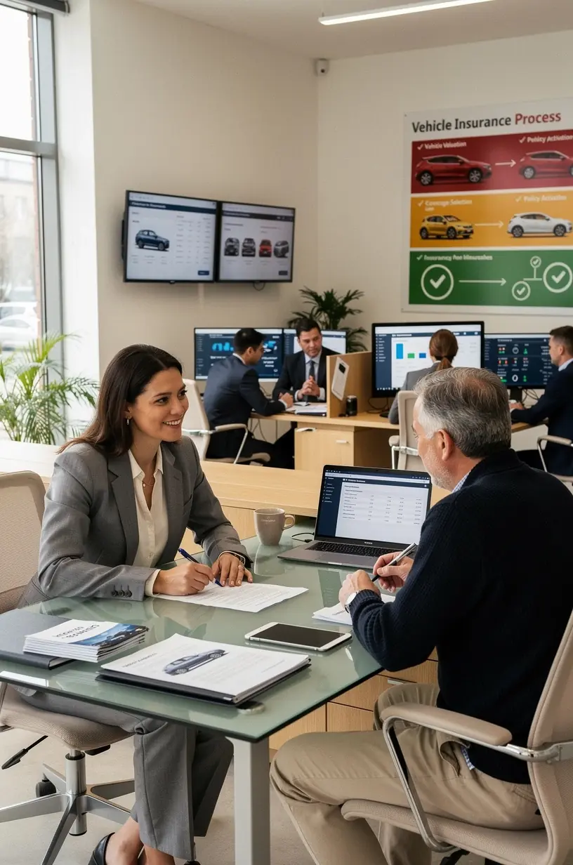 Experte erklärt einem Kunden die detaillierte Fahrzeugbewertung anhand von Prüfberichten und Marktanalysen.